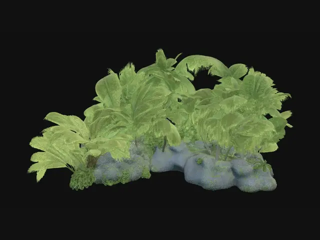 3D model for ile tropicale très ensoleillé avec des palmier , des fougères , pas mal de végétation et une plage de sable fin . dans un style ultra réaliste .