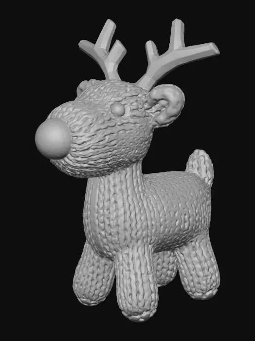 3D model for A tiny adorable knitted reindeer ornament, with soft brown yarn, small antlers made of twigs, a little red pompom nose, rustic style, isolated on a pure white background, studio lighting, photorealistic, high detail, macro shot. No background, no hook, no string, no hanging loop, no shadow, clean edges.