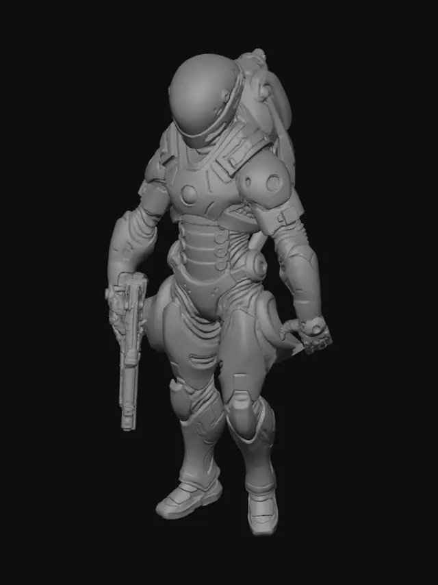 3D model for A Scout from an alien civilization with a streamlined, bionic body covered in deep blue high-hardness ceramic armor. Red biopolymer patches are visible at the armor joints. He carries a rifle that fires high-thermal plasma. Requirement: Biomechanic style, emphasize the smoothness and hardness of the ceramic, precise gaps and connection details between armor plates.