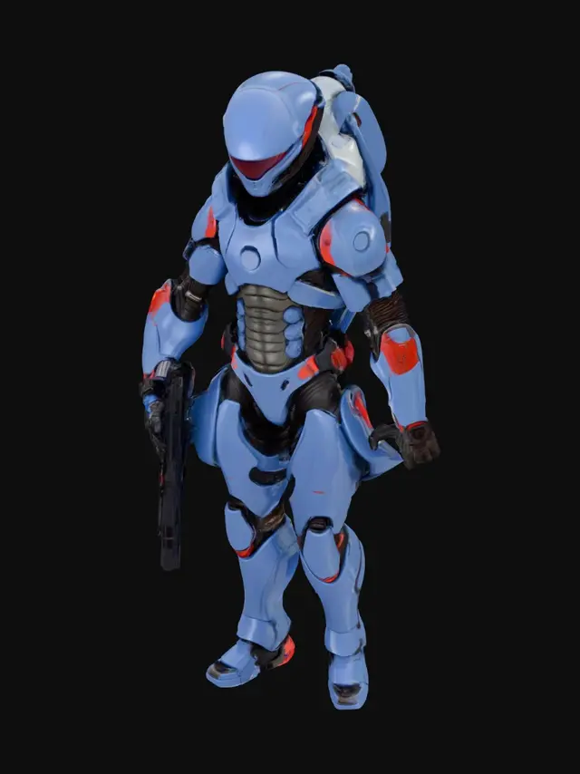 3D model for A Scout from an alien civilization with a streamlined, bionic body covered in deep blue high-hardness ceramic armor. Red biopolymer patches are visible at the armor joints. He carries a rifle that fires high-thermal plasma. Requirement: Biomechanic style, emphasize the smoothness and hardness of the ceramic, precise gaps and connection details between armor plates.