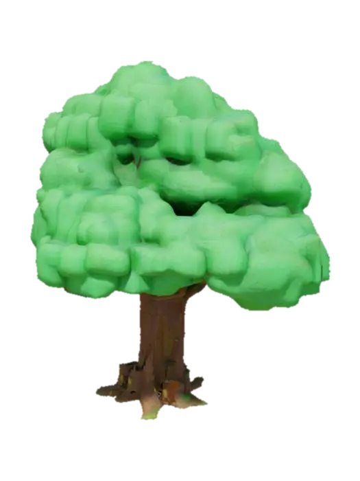 Voxel-style stylized tree, thick brown cubic trunk, puffy cube-shaped bright green… 3D model, vytvořený pomocí AI