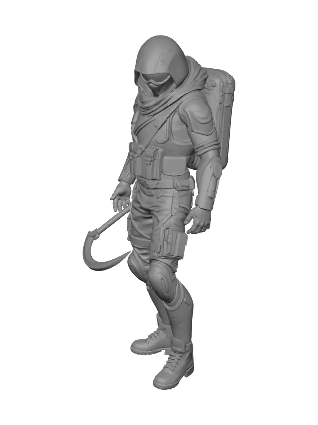 3D model for Phantom Zero is the first outfit of Season 1's Battle Pass, introducing a mysterious futuristic warrior forged by advanced technology. Once part of a classified energy program, he disappeared after a catastrophic experiment and now fights across the island as a silent survivor. His lightweight black tactical armor is reinforced with glowing purple and blue energy lines that pulse with every movement, creating a sleek yet intimidating appearance. The fully enclosed helmet features luminous blue optics, while the flowing tactical scarf adds motion and style during combat. Designed for speed and agility, the outfit includes armored gloves, parkour boots, and detailed utility gear built for high-intensity battles. The set comes with the Core Pack Back Bling and the Phantom Edge Pickaxe, both f