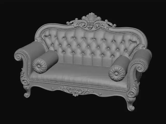 3D model for 米白描金雕花弯架，酒红哑光丝绒拉扣软包，侧边卷花扶手，配套同面料圆柱枕，鎏金雕花小脚，宫廷风微缩小摆件，纯白背景。
