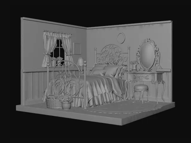 3D model for 哑光银镂空铁艺床,浅粉碎花蕾丝床品,同色系铁艺梳妆台,浅蓝碎花圆地毯,清新田园微缩卧室,白底。