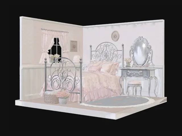 3D model for 哑光银镂空铁艺床,浅粉碎花蕾丝床品,同色系铁艺梳妆台,浅蓝碎花圆地毯,清新田园微缩卧室,白底。