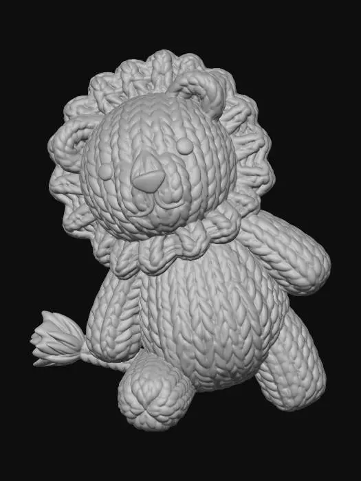 3D model for A chunky, handmade knitted lion plush toy, isolated on a pure white background. The toy is constructed from thick, textured golden-brown wool yarn with large, visible stitches. It features cute, simple facial details with black button eyes and a small felt mouth. Characteristic features of the animal, such as a thick, textured knitted mane in a darker brown and a tufted tail, are also rendered in chunky knit. The toy is in a charming, clumsy pose.