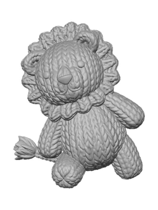 3D model for A chunky, handmade knitted lion plush toy, isolated on a pure white background. The toy is constructed from thick, textured golden-brown wool yarn with large, visible stitches. It features cute, simple facial details with black button eyes and a small felt mouth. Characteristic features of the animal, such as a thick, textured knitted mane in a darker brown and a tufted tail, are also rendered in chunky knit. The toy is in a charming, clumsy pose.