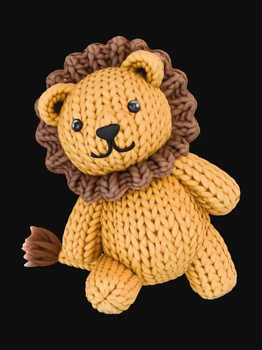 3D model for A chunky, handmade knitted lion plush toy, isolated on a pure white background. The toy is constructed from thick, textured golden-brown wool yarn with large, visible stitches. It features cute, simple facial details with black button eyes and a small felt mouth. Characteristic features of the animal, such as a thick, textured knitted mane in a darker brown and a tufted tail, are also rendered in chunky knit. The toy is in a charming, clumsy pose.