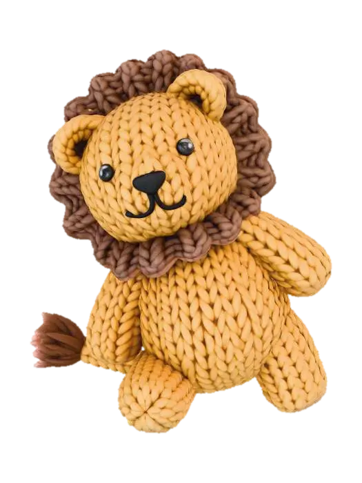 3D model for A chunky, handmade knitted lion plush toy, isolated on a pure white background. The toy is constructed from thick, textured golden-brown wool yarn with large, visible stitches. It features cute, simple facial details with black button eyes and a small felt mouth. Characteristic features of the animal, such as a thick, textured knitted mane in a darker brown and a tufted tail, are also rendered in chunky knit. The toy is in a charming, clumsy pose.