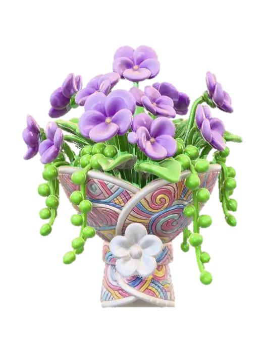 Purple Violets in a Swirled Ceramic Vase 3D model, vytvořený pomocí AI