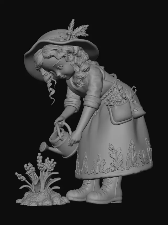 3D model for 复古童话风羊毛毡手办,浅金卷发的园丁女孩,头戴带薰衣草装饰的淡紫色软毡帽,身穿薄荷绿羊毛工装长裙,裙摆有植物刺绣,口袋里装着小剪刀和羊毛毡花朵,手持浇水壶,腰间挂着种子袋,脚上是带泥土痕迹的园艺靴,弯腰种花的姿态,写实毛毡质感,无底座,纯白背景,无3D身材效果。
