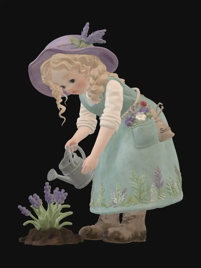 3D model for 复古童话风羊毛毡手办,浅金卷发的园丁女孩,头戴带薰衣草装饰的淡紫色软毡帽,身穿薄荷绿羊毛工装长裙,裙摆有植物刺绣,口袋里装着小剪刀和羊毛毡花朵,手持浇水壶,腰间挂着种子袋,脚上是带泥土痕迹的园艺靴,弯腰种花的姿态,写实毛毡质感,无底座,纯白背景,无3D身材效果。