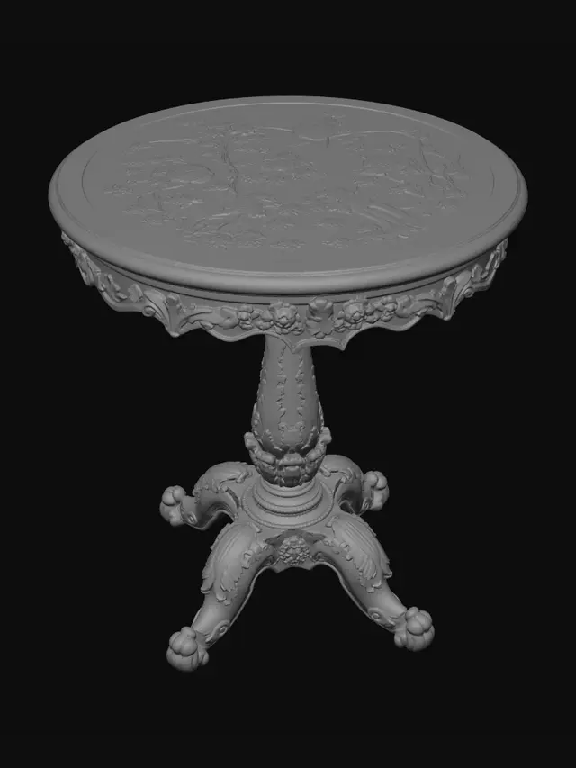 3D model for 洛可可棕木鎏金三足圆边几微缩摆件，高光棕亮漆面，桌面内嵌金箔花鸟藤蔓木皮镶嵌画，桌边波浪裙板镶鎏金浮雕花叶饰，中央锥形立柱通体鎏金橡叶雕花，三弯雕花兽爪底脚分段贴鎏金叶饰，欧式古董手工微缩小茶几，纯白背景。