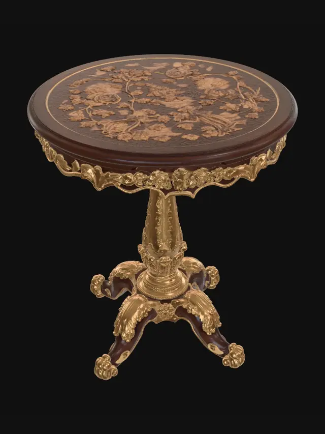 3D model for 洛可可棕木鎏金三足圆边几微缩摆件，高光棕亮漆面，桌面内嵌金箔花鸟藤蔓木皮镶嵌画，桌边波浪裙板镶鎏金浮雕花叶饰，中央锥形立柱通体鎏金橡叶雕花，三弯雕花兽爪底脚分段贴鎏金叶饰，欧式古董手工微缩小茶几，纯白背景。