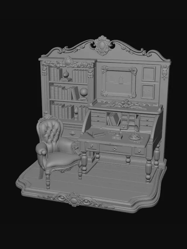 3D model for 棕金做旧雕花围边背板，墙面嵌复古挂画，满配鎏金雕花书柜、翻盖书桌、丝绒靠背扶手椅，桌面摆放迷你精装书本、墨水瓶与怀表，做旧木纹 + 描金浮雕，精细微缩空间摆件，纯白背景。