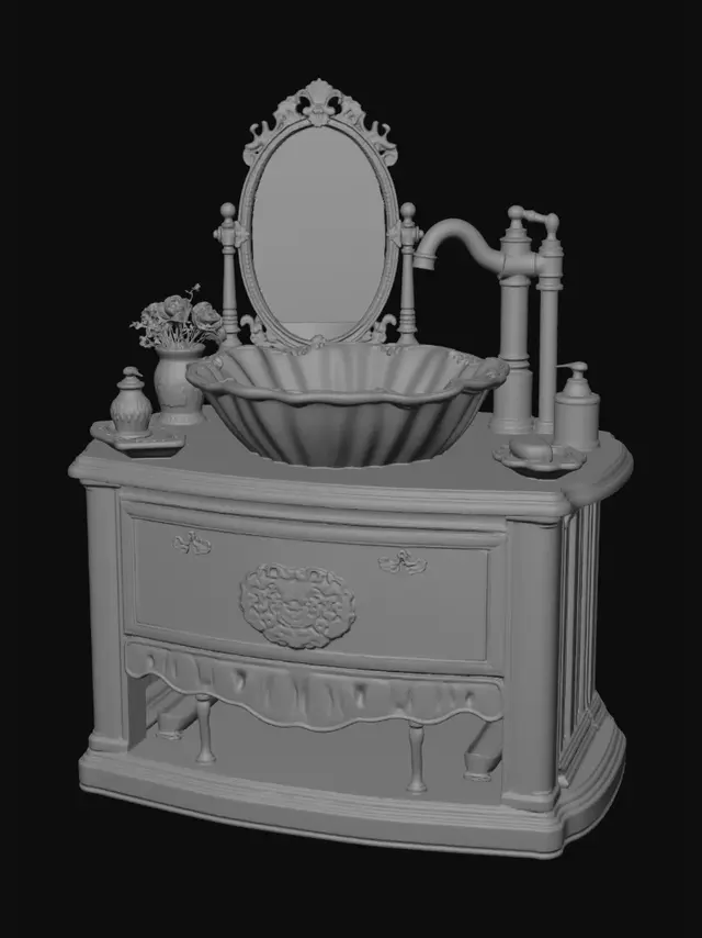 3D model for 法式花瓣形彩绘台上盆微缩摆件,白瓷花边形盆体,盆沿银灰卷草纹包边,内壁多处手绘复古红粉玫瑰混色花簇,盆底中心鎏金缠花纹饰配黄铜下水盖;搭配古铜做旧立式龙头,配套同纹样鎏金雕花边框梳妆镜,放置原木台面,复古卫浴微缩配件,白底。