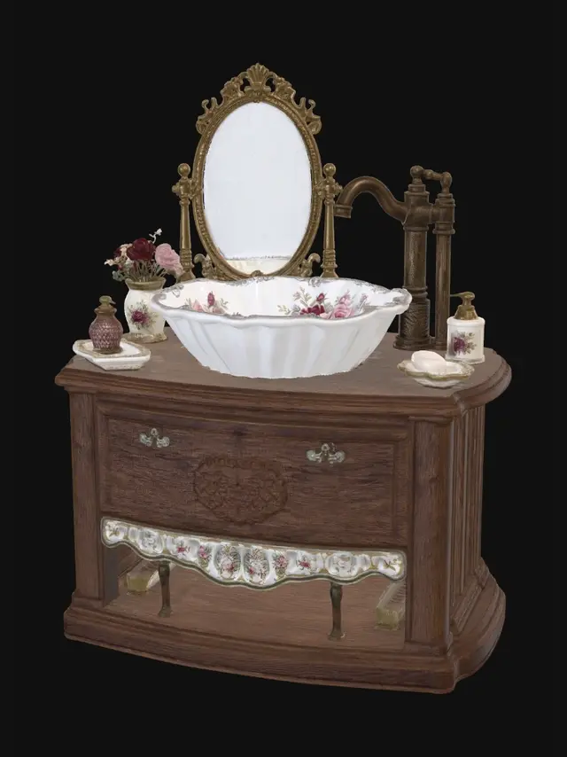 3D model for 法式花瓣形彩绘台上盆微缩摆件,白瓷花边形盆体,盆沿银灰卷草纹包边,内壁多处手绘复古红粉玫瑰混色花簇,盆底中心鎏金缠花纹饰配黄铜下水盖;搭配古铜做旧立式龙头,配套同纹样鎏金雕花边框梳妆镜,放置原木台面,复古卫浴微缩配件,白底。