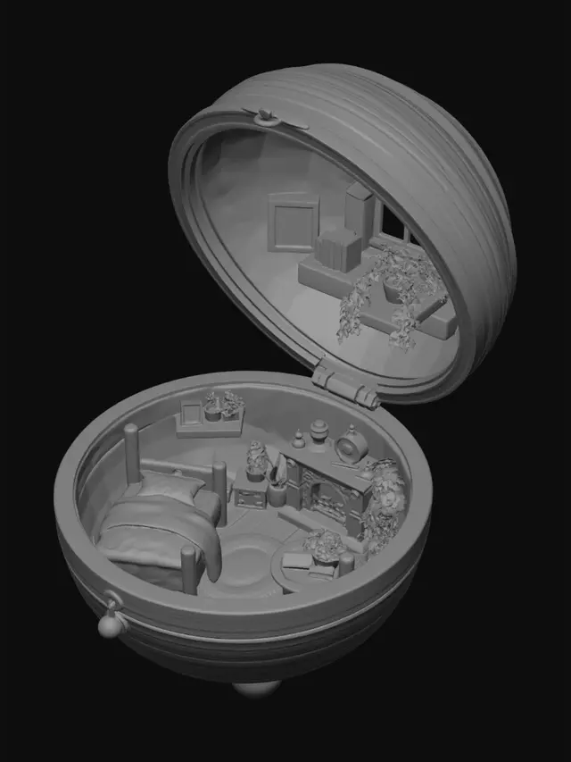 3D model for 球形木质外壳,翻盖开合结构,内里浅绿碎花墙面,原木小床、迷你壁炉、绿植盆栽与小木桌,森林系做旧木纹,治愈微缩小屋,纯白背景。