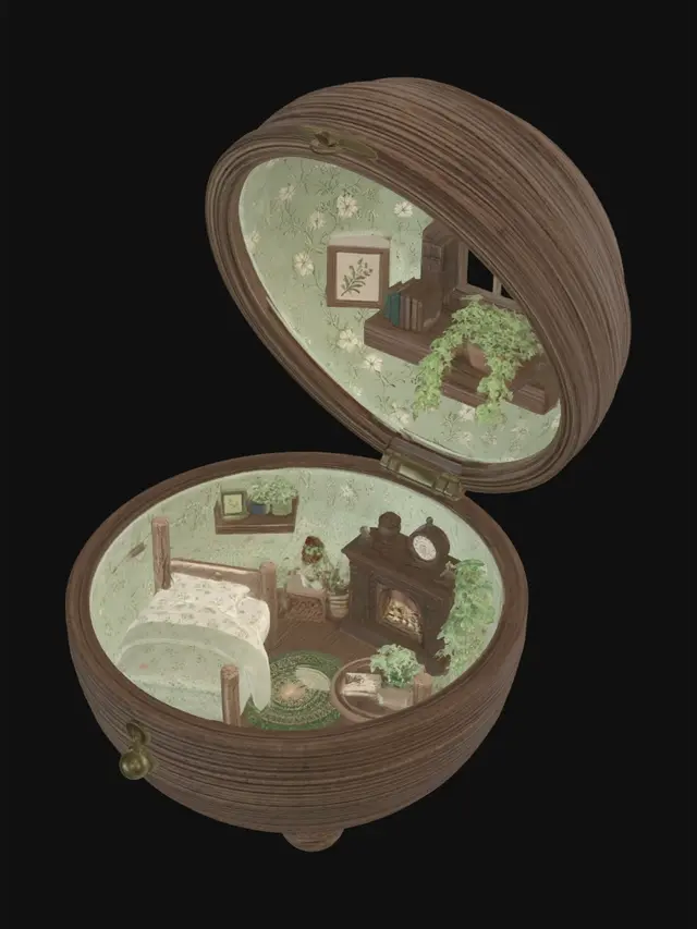 3D model for 球形木质外壳,翻盖开合结构,内里浅绿碎花墙面,原木小床、迷你壁炉、绿植盆栽与小木桌,森林系做旧木纹,治愈微缩小屋,纯白背景。