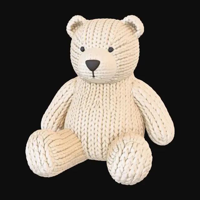 3D model for A chunky, handmade knitted polar bear plush toy, isolated on a pure white background. The toy is constructed from thick, textured creamy white wool yarn with large, visible stitches. It features cute, simple facial details with black button eyes and a small, dark felt nose. Characteristic features of the animal, such as small rounded ears and a chubby body, are rendered in chunky knit. The toy is in a charming, clumsy seated pose.