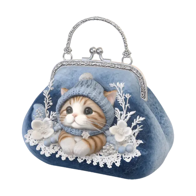 Winter Kitten in a Blue Felt Purse 3D model, vytvořený pomocí AI