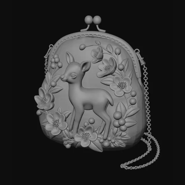 3D model for 复古春日风羊毛毡口金包,淡粉渐变毛毡包身,正面嵌有立体小鹿图案,周围装饰毛毡樱花、绿叶与浆果,金色金属链条肩带与口金扣,整体充满春日森林氛围,写实毛毡质感,无底座,纯白背景