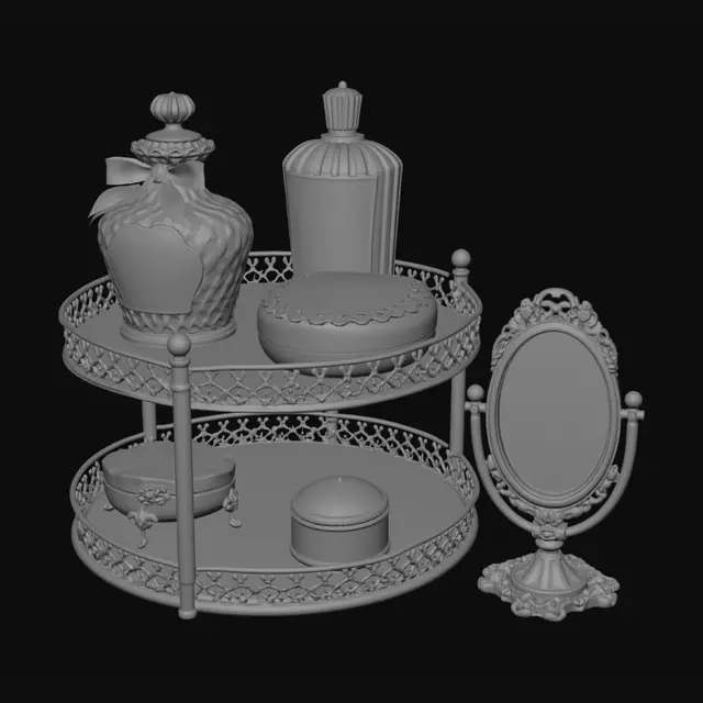 3D model for 米金双层圆托盘，透明玻璃瓶配粉玫瑰印花标，圆形蕾丝包边香皂，侧边小巧鎏金圆镜，少女风梳妆台微缩配件，纯白背景。