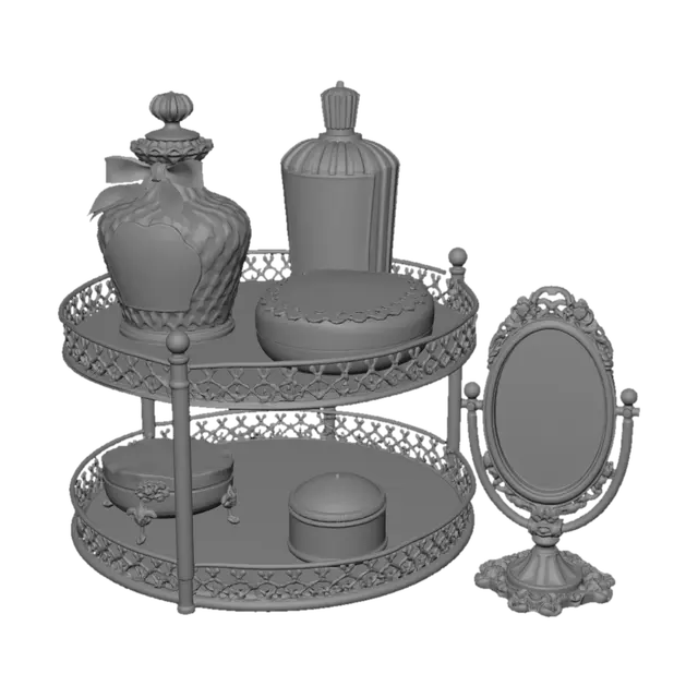 3D model for 米金双层圆托盘，透明玻璃瓶配粉玫瑰印花标，圆形蕾丝包边香皂，侧边小巧鎏金圆镜，少女风梳妆台微缩配件，纯白背景。