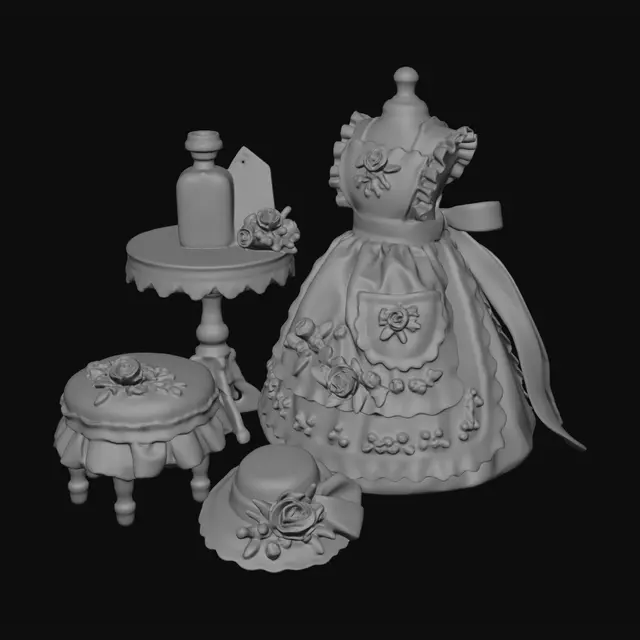 3D model for 浅蓝布艺围边，裙身米白蕾丝，手工紫玫瑰镶饰，配套绣花圆凳，台面碎花标签香水瓶、蕾丝小礼帽，田园风微缩，白底。