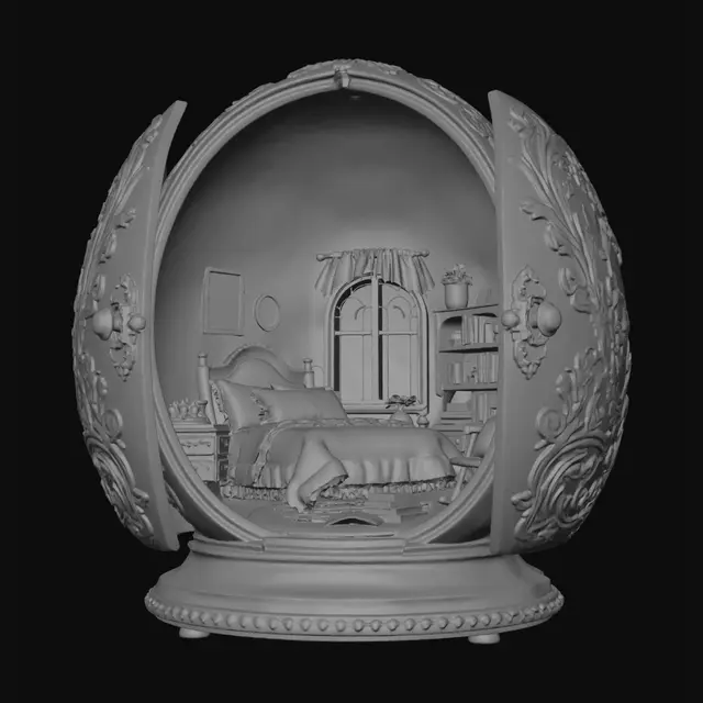 3D model for 圆蛋形法式碎花微缩卧室场景盒,蛋壳外壳米白压花纹理、双开门配复古鎏金锁孔拉手,内部满铺粉红花纹壁纸,搭配粉色矮床、布艺床品、带窗格小窗、侧边置物书架、白漆摇椅与迷你书本摆件,底座木纹镶金边,暖调温馨手作微缩摆件,纯白背景。