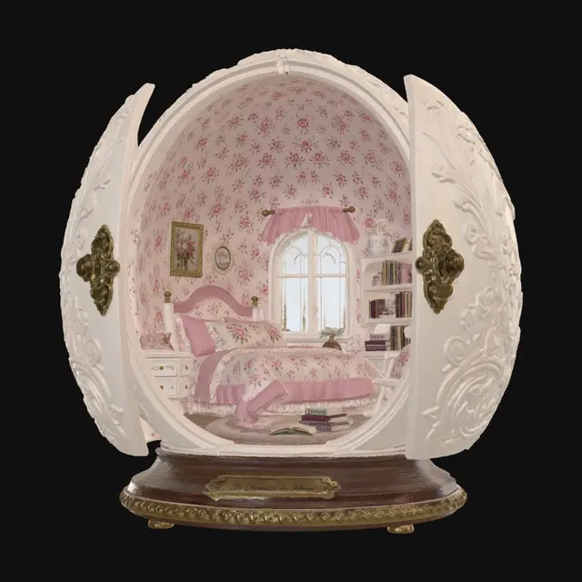 3D model for 圆蛋形法式碎花微缩卧室场景盒,蛋壳外壳米白压花纹理、双开门配复古鎏金锁孔拉手,内部满铺粉红花纹壁纸,搭配粉色矮床、布艺床品、带窗格小窗、侧边置物书架、白漆摇椅与迷你书本摆件,底座木纹镶金边,暖调温馨手作微缩摆件,纯白背景。