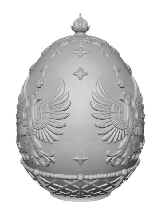 3D model for The Shell of Sovereignty
To gaze upon the closed egg is to look at a sun captive in metal. The exterior shell is a brilliant, blinding celebration of imperial power, designed to mimic the heavy gold cloth worn by the Empress during her coronation.

The Guilloché Sunburst: The master craftsmen layered translucent, shimmering lime-yellow enamel over a meticulously engraved guilloché background of starbursts. As light hits the curvature of the egg, it appears to radiate outward from deep within the shell.

The Trellis of the Romanovs: Encompassing the golden surface is a heavy trellis of pure gold bands, studded at every intersection with a flawless, brilliant-cut diamond.

The Imperial Eagles: Suspended within the golden grid are the double-headed eagles of the Romanov dynast #EasterEgg2026#