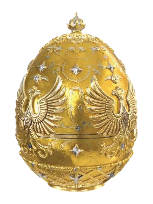3D model for The Shell of Sovereignty
To gaze upon the closed egg is to look at a sun captive in metal. The exterior shell is a brilliant, blinding celebration of imperial power, designed to mimic the heavy gold cloth worn by the Empress during her coronation.

The Guilloché Sunburst: The master craftsmen layered translucent, shimmering lime-yellow enamel over a meticulously engraved guilloché background of starbursts. As light hits the curvature of the egg, it appears to radiate outward from deep within the shell.

The Trellis of the Romanovs: Encompassing the golden surface is a heavy trellis of pure gold bands, studded at every intersection with a flawless, brilliant-cut diamond.

The Imperial Eagles: Suspended within the golden grid are the double-headed eagles of the Romanov dynast #EasterEgg2026#