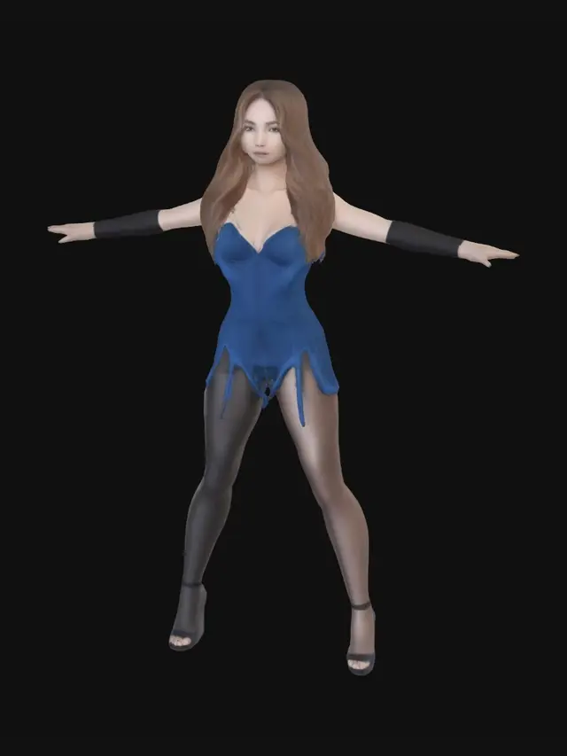 3D model for Quiero un personaje estipo diva del pop, la piel que no ea muy brillante, un vestido de gala, tacones o plataformas, el pelo largo moreno, joven, en pose t y las piernas separadas