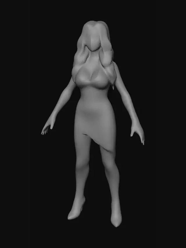 3D model for Quiero un personaje estipo diva del pop, la piel que no ea muy brillante, un vestido de gala, tacones o plataformas, el pelo largo moreno, joven, en pose t y las piernas separadas