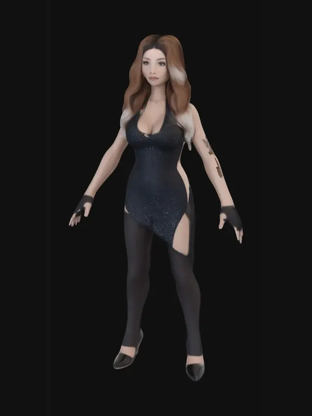 3D model for Quiero un personaje estipo diva del pop, la piel que no ea muy brillante, un vestido de gala, tacones o plataformas, el pelo largo moreno, joven, en pose t y las piernas separadas