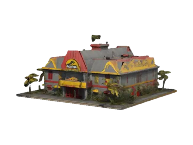 An Jurassic Park style tourist building, grey, red and yellow, with dinosaur… 3D model, vytvořený pomocí AI