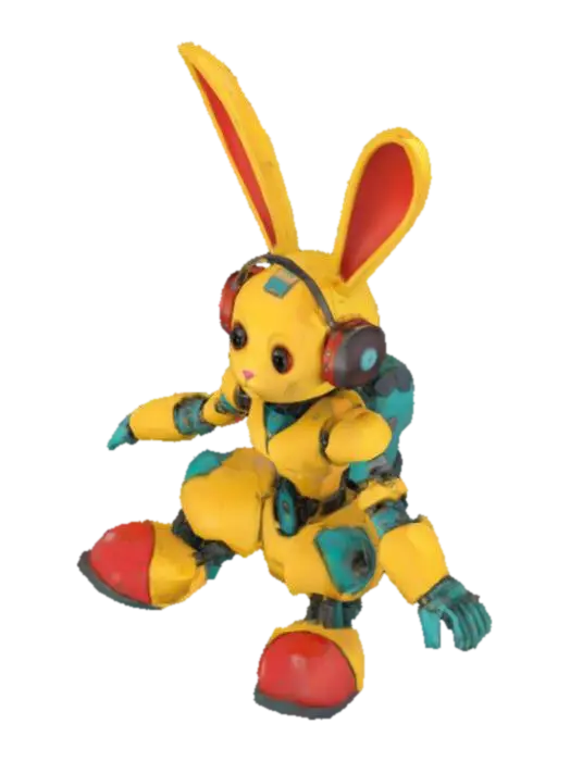 A futuristic, humanoid bunny robot sitting calmly, with a large rounded head and… - Headphone 3D model, vytvořený pomocí AI