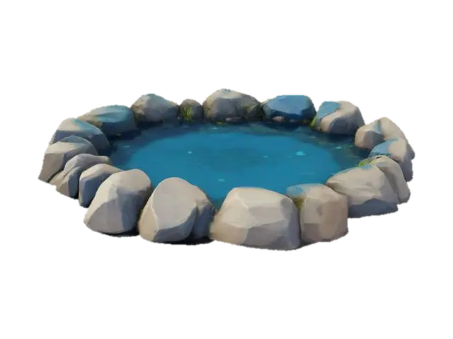 small rocks surround a central circular shaped blue pond. Natural colors, Gentle,… - World 3D model, vytvořený pomocí AI