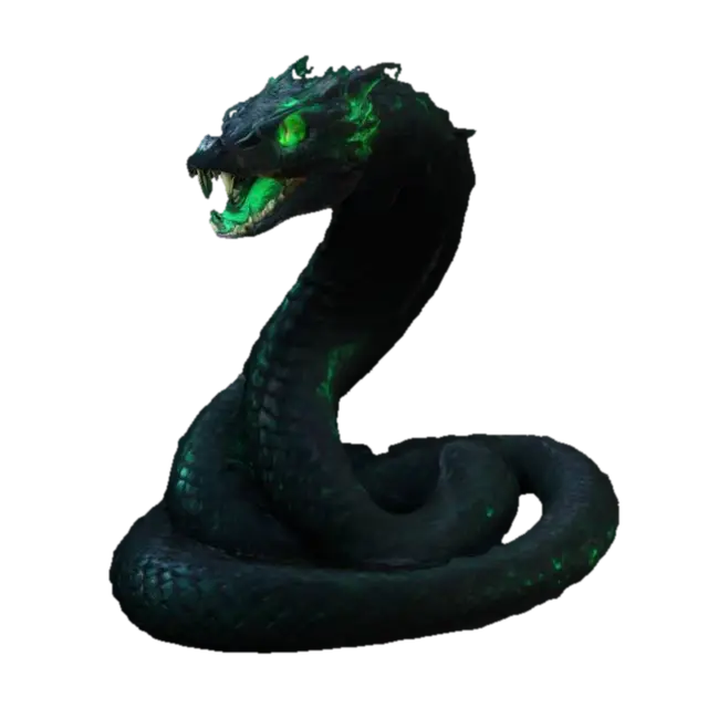 A towering, midnight-black serpent with glowing emerald eyes and venomous fangs.… - Predatory 3D model, vytvořený pomocí AI