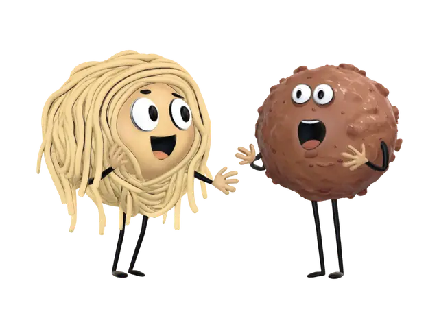 Noodle and Meatball Friends 3D model, vytvořený pomocí AI