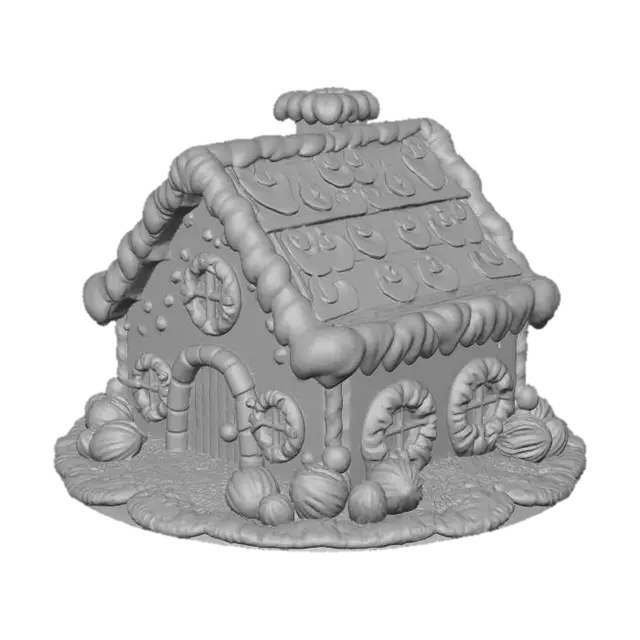 3D model for A gingerbread house consists of cookie walls that fit together to form a sturdy structure. A thick coating of icing serves as glue between the cookies as well as providing decoration to the outside of the building. Windows of sugar glass give the occupants a view of the outside and let natural light in. A chimney is a common feature at the center of the roof for the escape of smoke from a fireplace or oven inside of the house. Gingerbread houses are often made as centerpieces for the holiday season, and can be decorated in many ways with candies, frosting, and other treats.