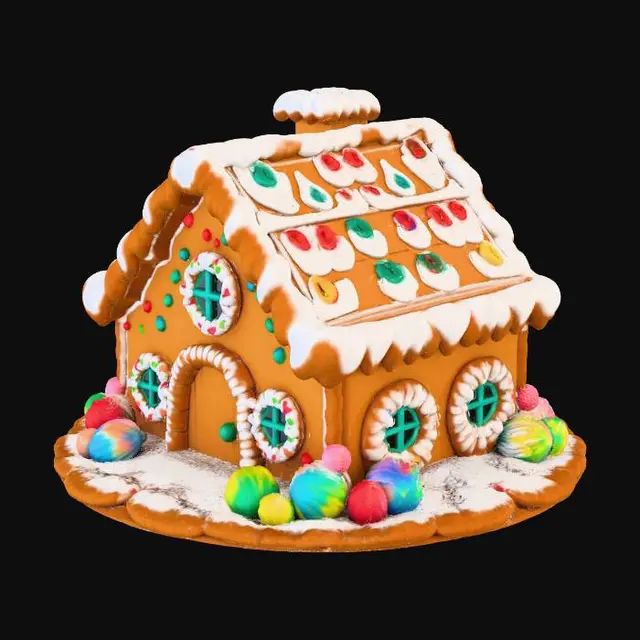 3D model for A gingerbread house consists of cookie walls that fit together to form a sturdy structure. A thick coating of icing serves as glue between the cookies as well as providing decoration to the outside of the building. Windows of sugar glass give the occupants a view of the outside and let natural light in. A chimney is a common feature at the center of the roof for the escape of smoke from a fireplace or oven inside of the house. Gingerbread houses are often made as centerpieces for the holiday season, and can be decorated in many ways with candies, frosting, and other treats.