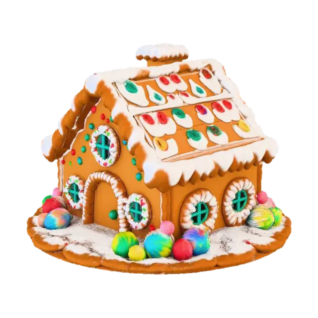 3D model for A gingerbread house consists of cookie walls that fit together to form a sturdy structure. A thick coating of icing serves as glue between the cookies as well as providing decoration to the outside of the building. Windows of sugar glass give the occupants a view of the outside and let natural light in. A chimney is a common feature at the center of the roof for the escape of smoke from a fireplace or oven inside of the house. Gingerbread houses are often made as centerpieces for the holiday season, and can be decorated in many ways with candies, frosting, and other treats.