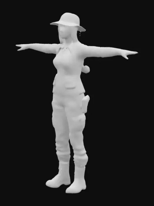 3D model for female adventurer, wearing hiking outfit, in T-pose