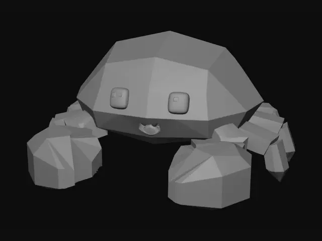 3D model for Cute low poly crab monster for Roblox simulator game, stylized chibi proportions, bright red shell, small black shiny square eyes, tiny cute mouth, chunky polygon claws, simple geometric legs, clean faceted low poly surfaces, Roblox pet style, adorable and simple design, dark background, no realism, no horror, no text, no effects, optimized topology, game-ready 3D model, symmetrical body, vibrant colors, inspired by collectible simulator pets, front facing pose