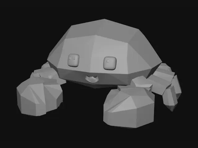 3D model for Cute low poly crab monster for Roblox simulator game, stylized chibi proportions, bright red shell, small black shiny square eyes, tiny cute mouth, chunky polygon claws, simple geometric legs, clean faceted low poly surfaces, Roblox pet style, adorable and simple design, dark background, no realism, no horror, no text, no effects, optimized topology, game-ready 3D model, symmetrical body, vibrant colors, inspired by collectible simulator pets, front facing pose