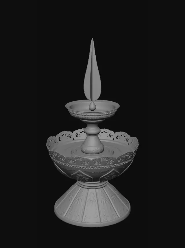 3D model for A highly detailed, ornate brass Akhand Diya levitating over a geometric stone lotus base. The physical brass structure of the lamp is slowly fracturing into glowing, ethereal digital voxels that fade into an invisible void. The central flame is not standard fire, but a vibrant, swirling nebula of quantum energy. High fantasy meets digital glitch art, 8k resolution, cinematic lighting, sharp focus, intricate textures.