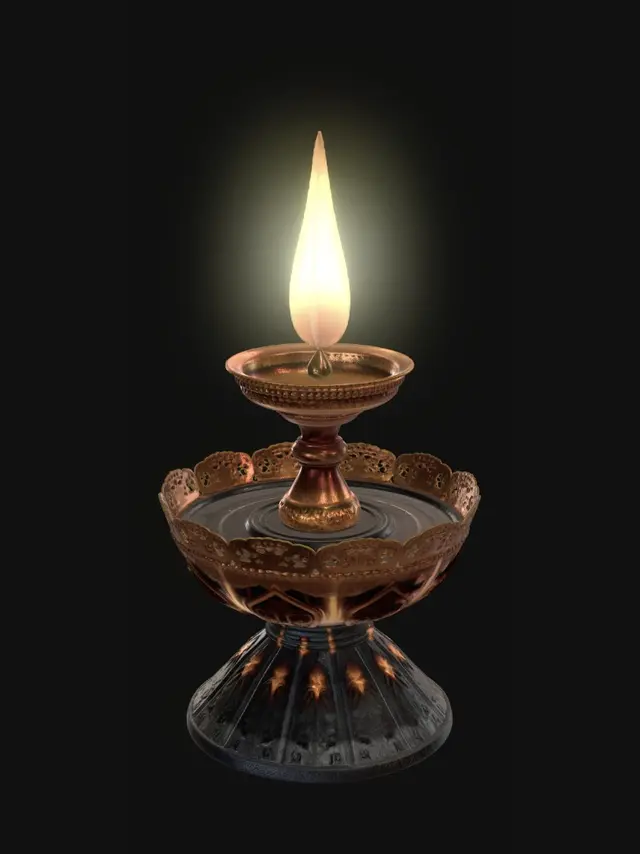 3D model for A highly detailed, ornate brass Akhand Diya levitating over a geometric stone lotus base. The physical brass structure of the lamp is slowly fracturing into glowing, ethereal digital voxels that fade into an invisible void. The central flame is not standard fire, but a vibrant, swirling nebula of quantum energy. High fantasy meets digital glitch art, 8k resolution, cinematic lighting, sharp focus, intricate textures.