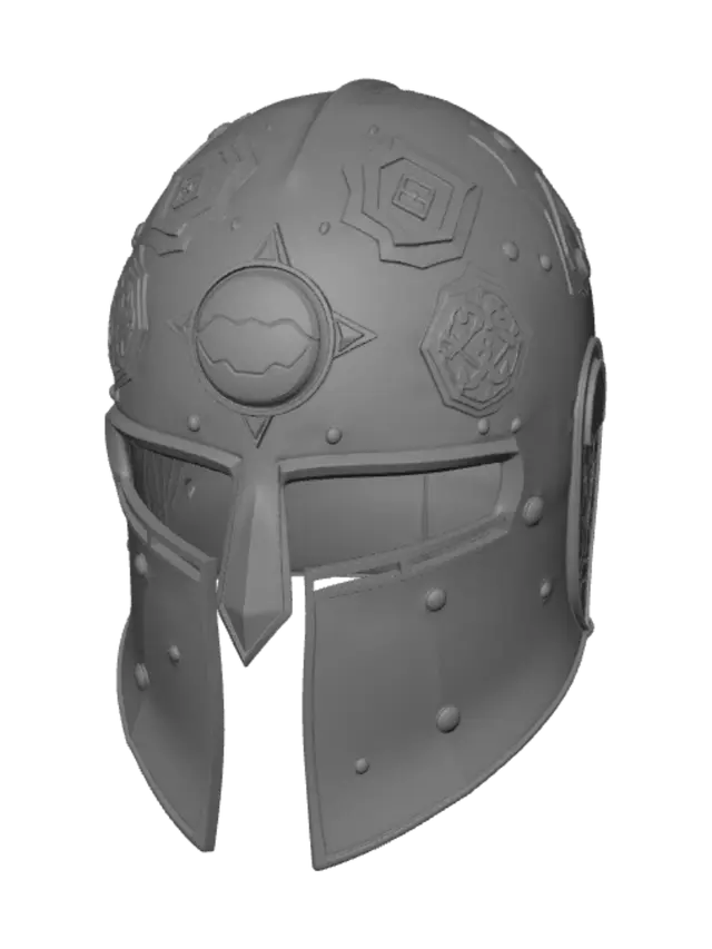 3D model for 2. Battle-Worn Relic (battle-scarred & sacred) Weathered bronze/iron helmet with dents, scratches, and patina, but etched with sacred sigils and a faint glowing rune around a soccer-ball emblem on the crown — tells a story of countless matches survived, holy despite the scars.